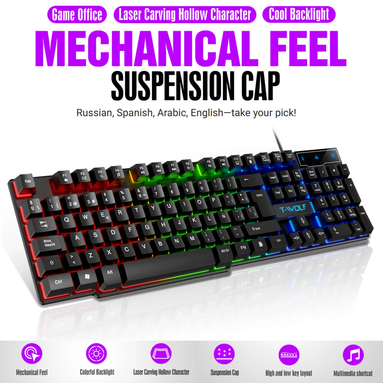 Tastiera da gioco con sensazione meccanica, retroilluminazione RGB, cablata USB, per ufficio, casa, tasti multimediale, russo, spagnolo, arabo, inglese