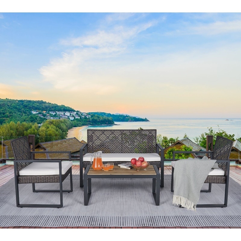 4-Piece Patio Furniture Set Outdoor Balcony Porch Garden Backyard Lawn Furniture Acacia Wood Table Top