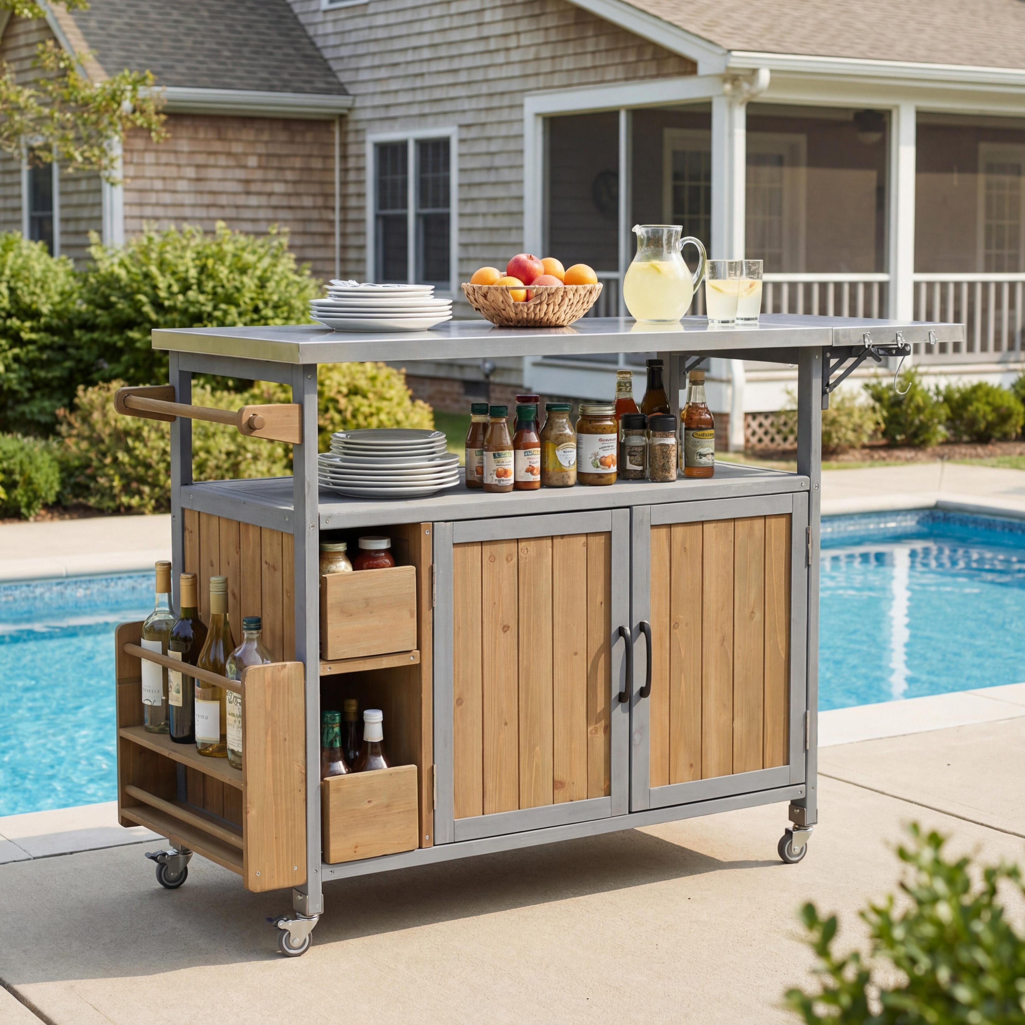 Christopher Knight Home - Farmhouse 54.3" Solid Wood Outdoor Kitchen Bar Cart, Stainless Steel Top, Spice Rack & Lockable Wheels