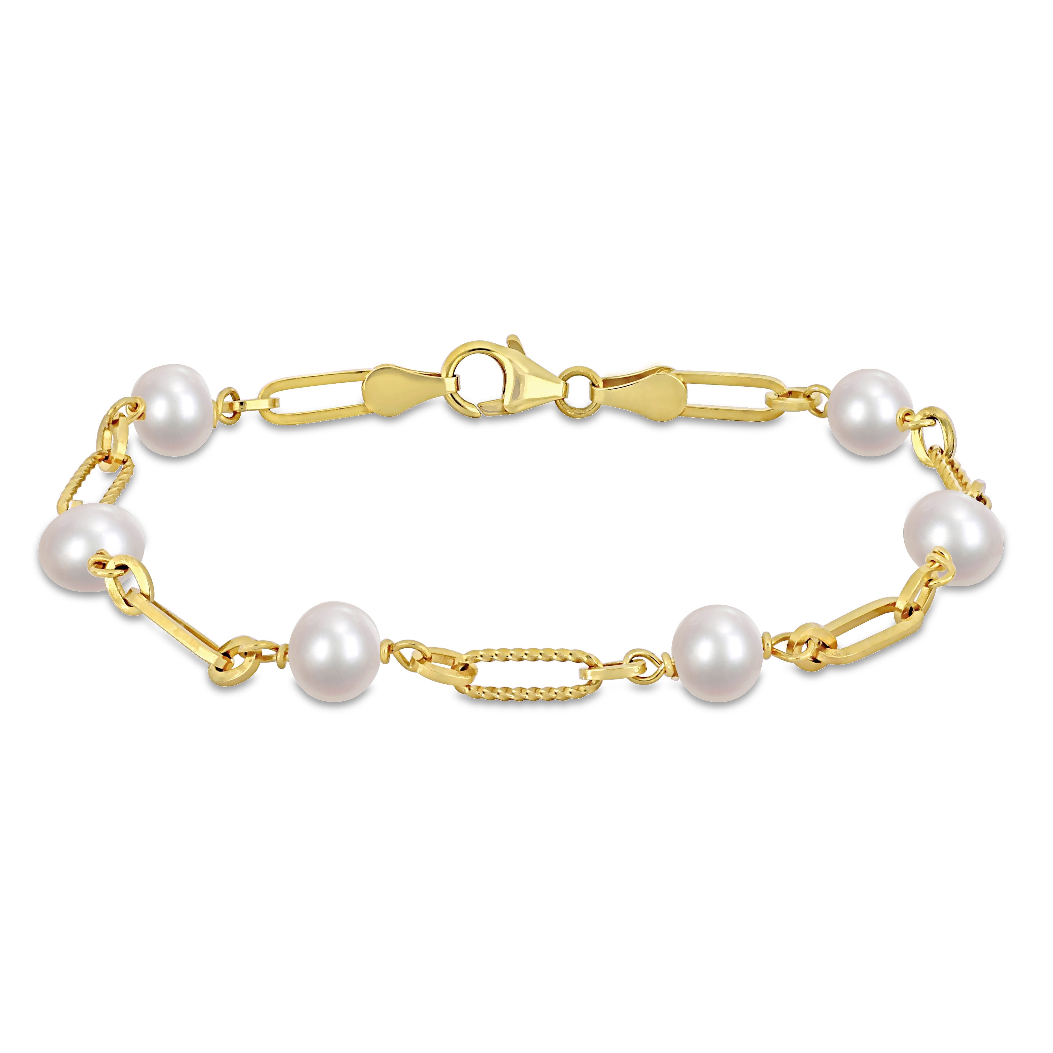 Miadora 7-7.5mm Cultured Freshwater Pearl Fancy Oval Link Bracelet Yellow Silver