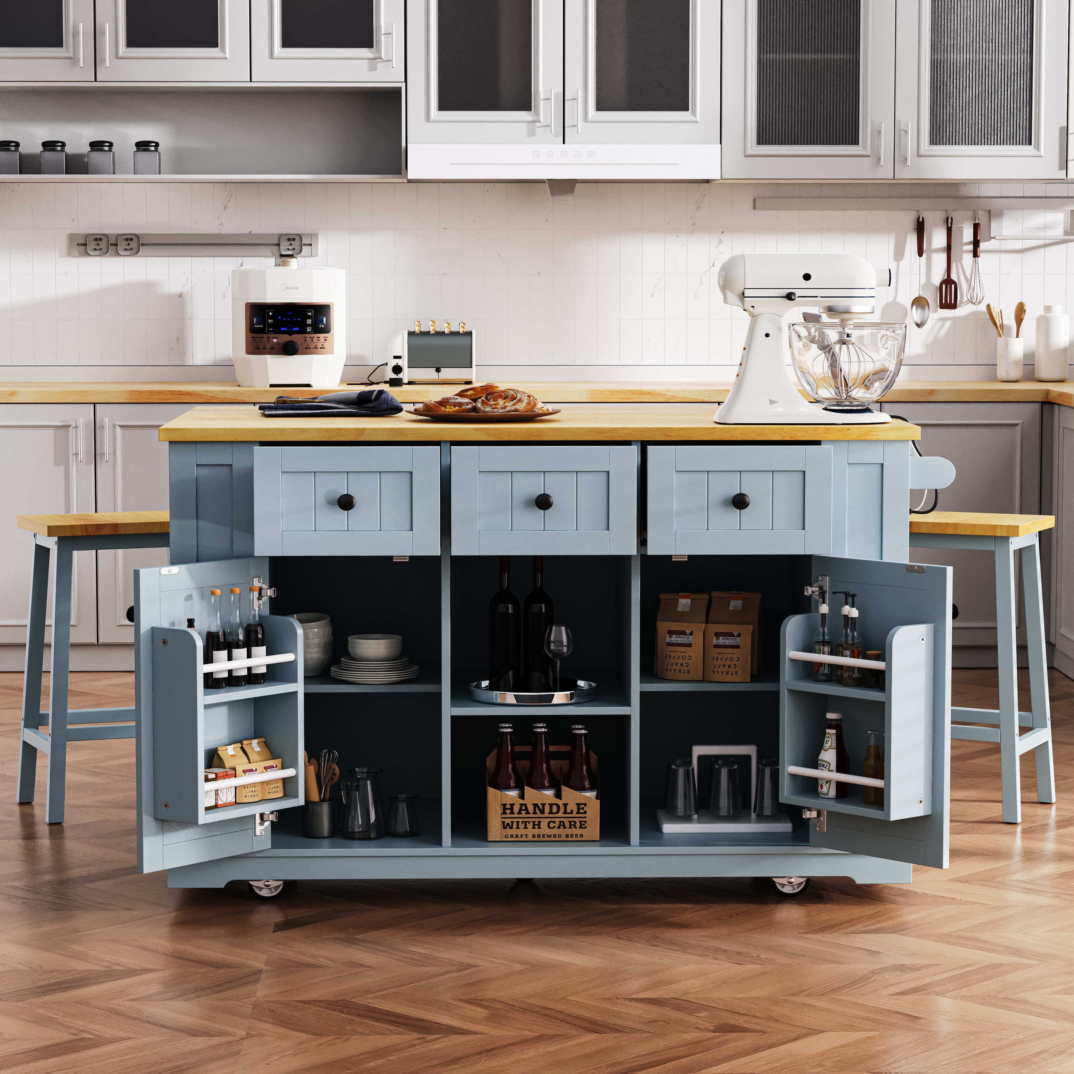 Grey Blue Kitchen Island Rolling Kitchen Cart with Drop Leaf, Kitchen Storage Cart with Power Outlet and Storage Rack