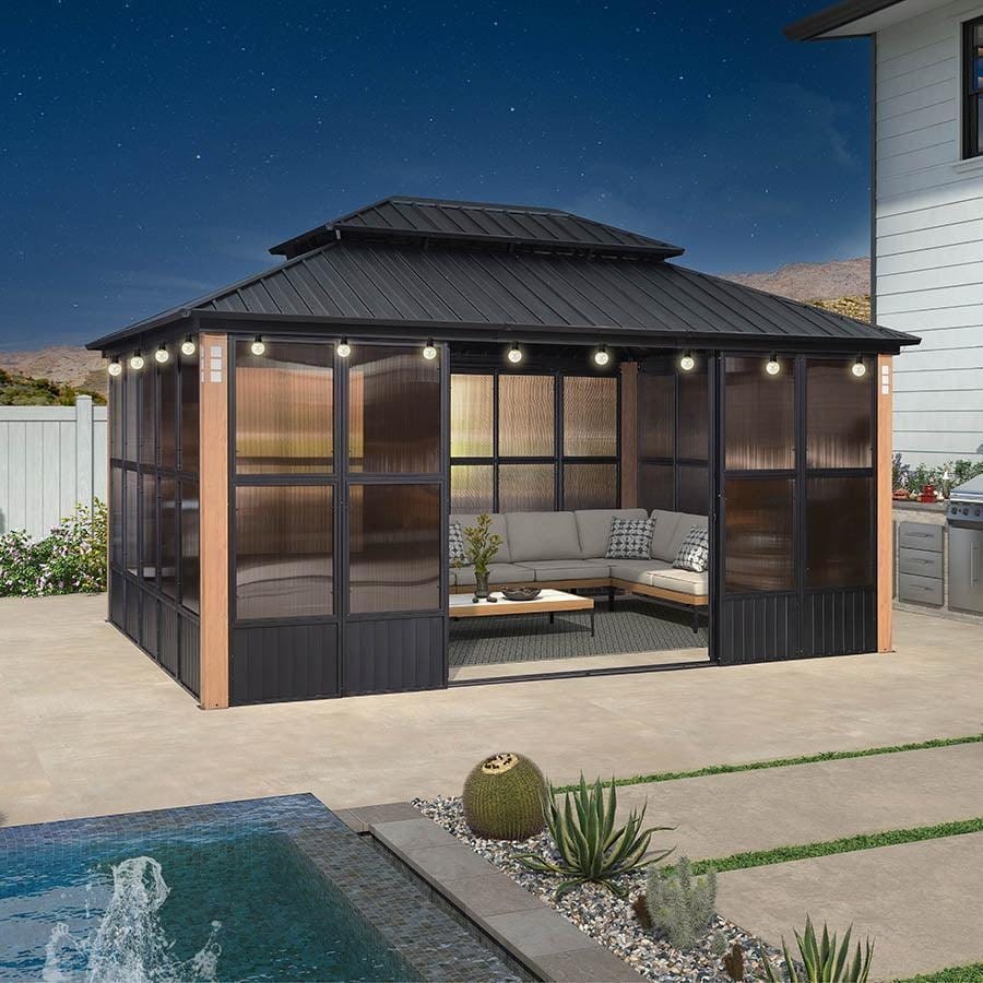 PURPLE LEAF Double Top Outdoor Sunroom Screen House Patio Hardtop Gazebo Wood Grain