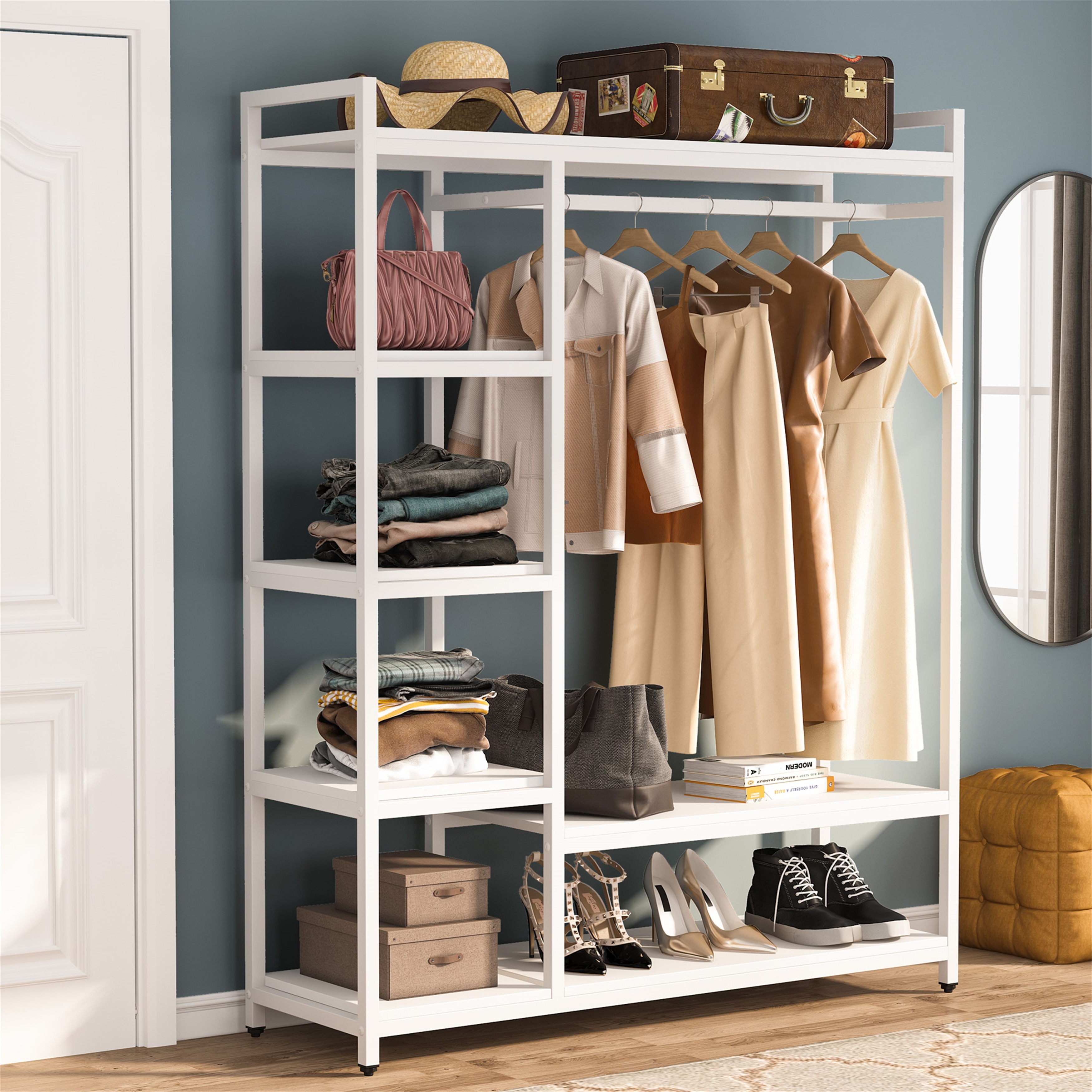 Heavy Duty Garment Rack, Clothing Rack Closet Organizer System with Hanging Rod and Shelf