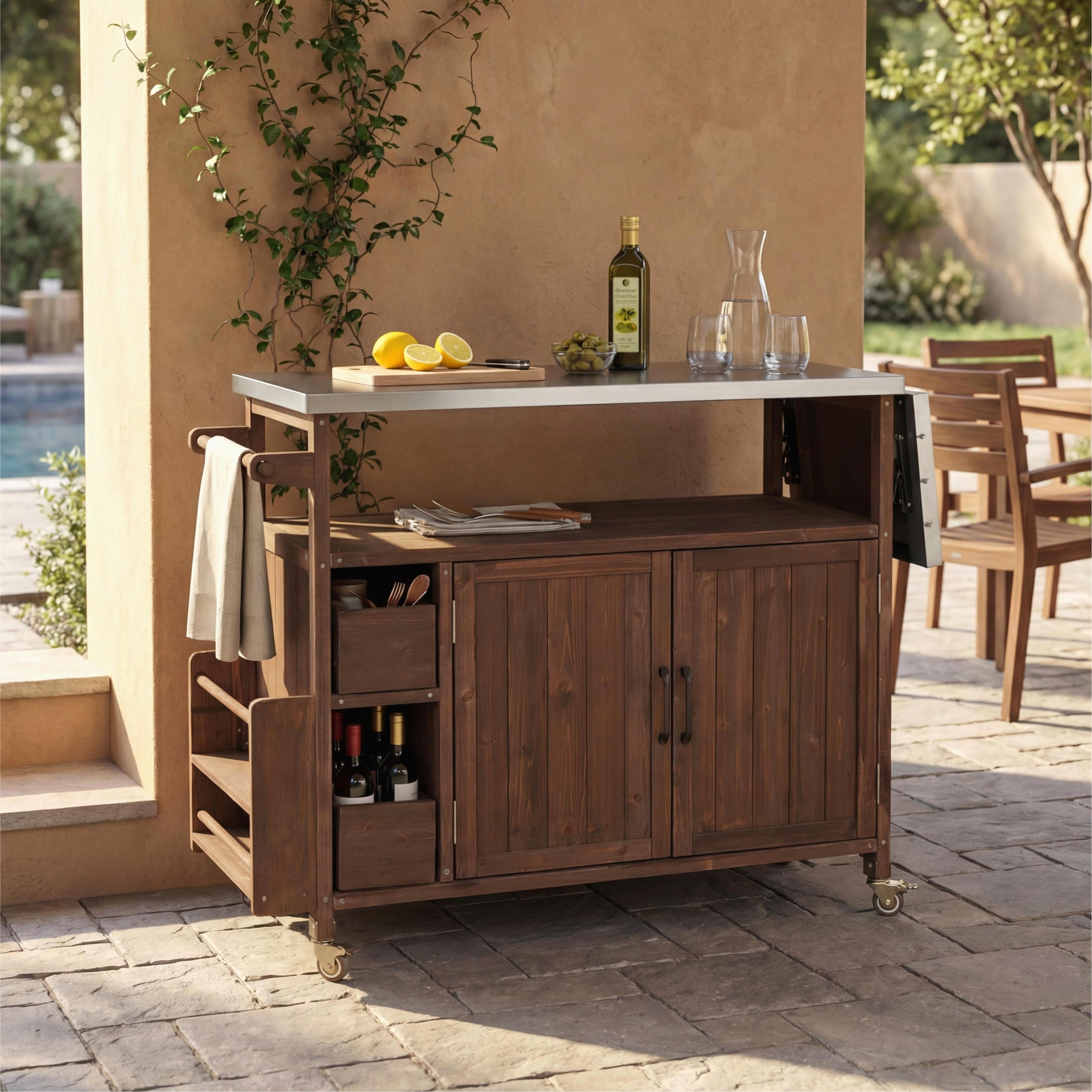 Christopher Knight Home - Farmhouse 54.3" Solid Wood Outdoor Kitchen Bar Cart, Stainless Steel Top, Spice Rack & Lockable Wheels