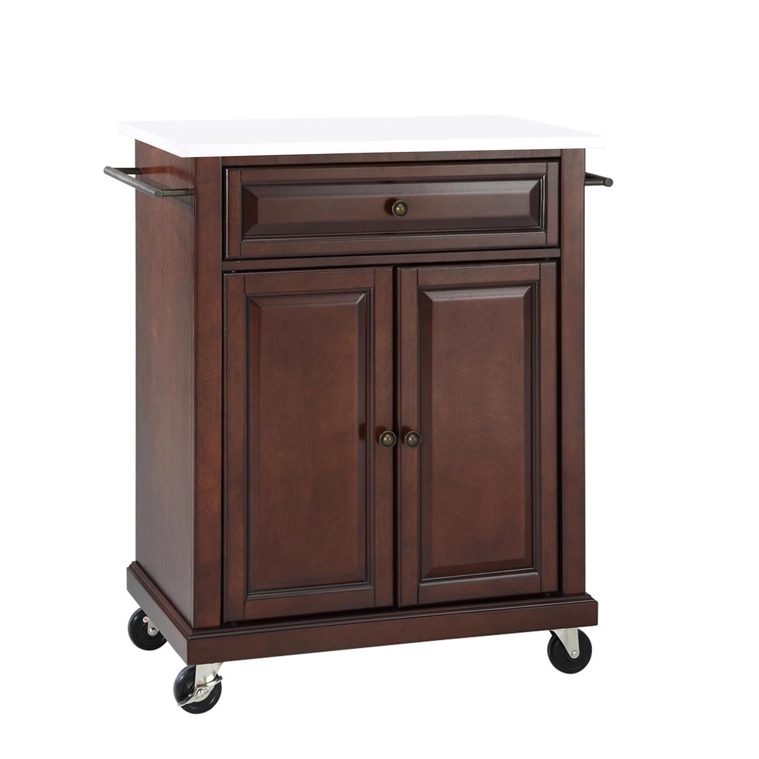 Compact Stone Top Kitchen Cart in Mahogany and White with Adjustable Shelf, Storage Drawer, and Towel Bars - Mahogany/White