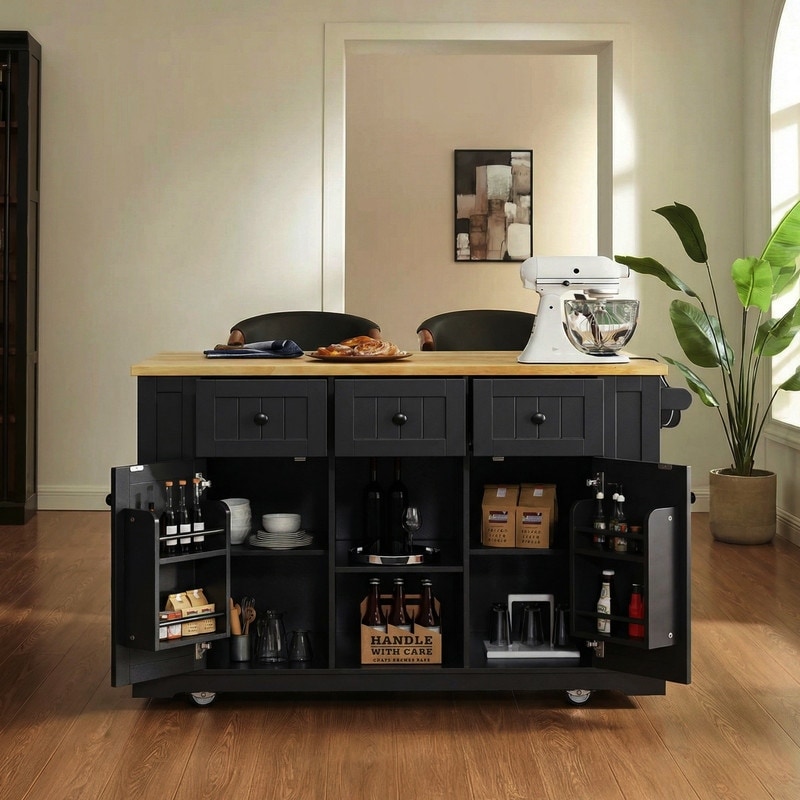 53" Kitchen Island with Drop Leaf,Rolling Kitchen Cart on 5 Wheels withDrawers, Power Outlet and Open Side Racks for Kitchen