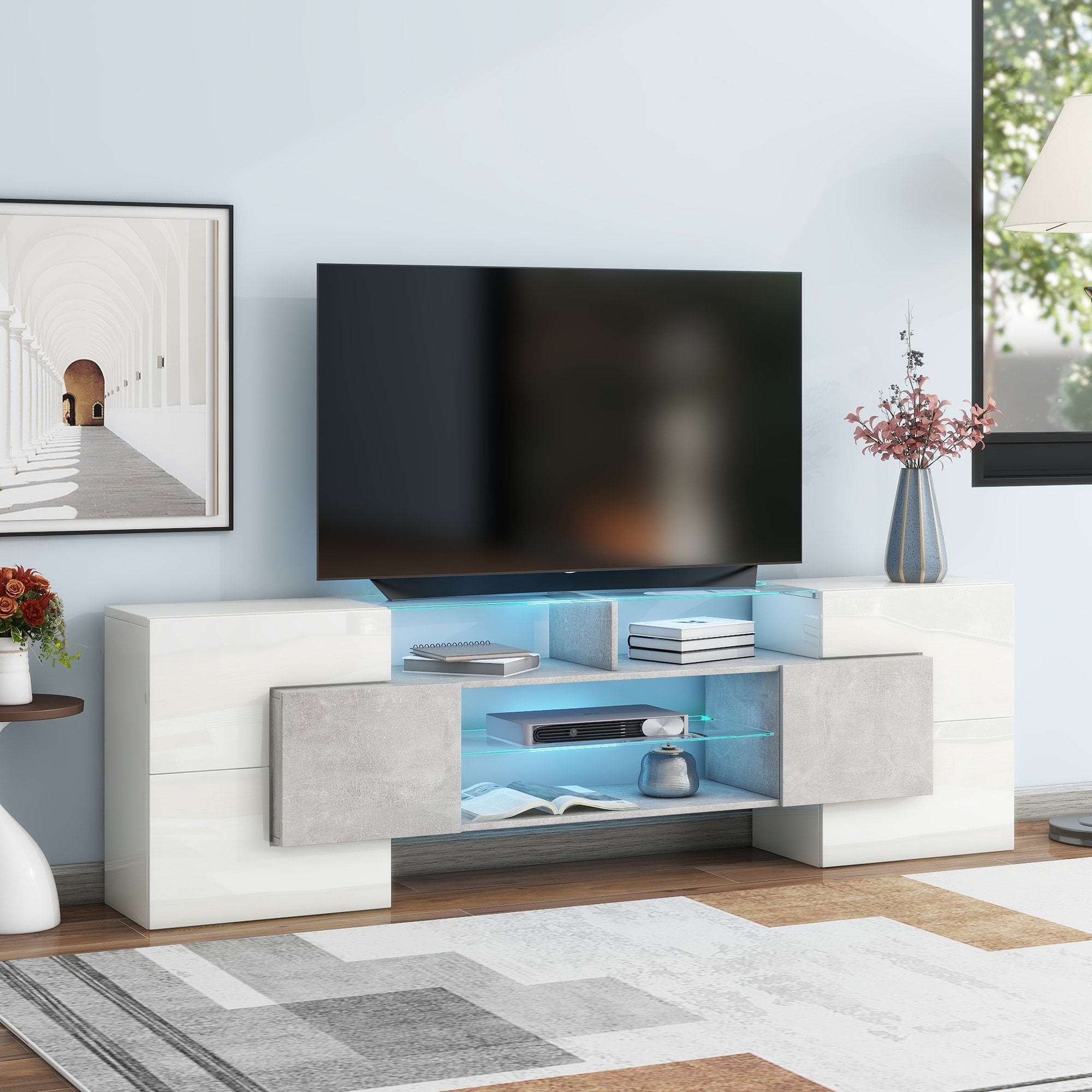 LED TV Stand 78" High Gloss Entertainment Center with 2 Open Glass Shelves, Unique Shape TV Console TV Cabinet for 60/65/80" TV