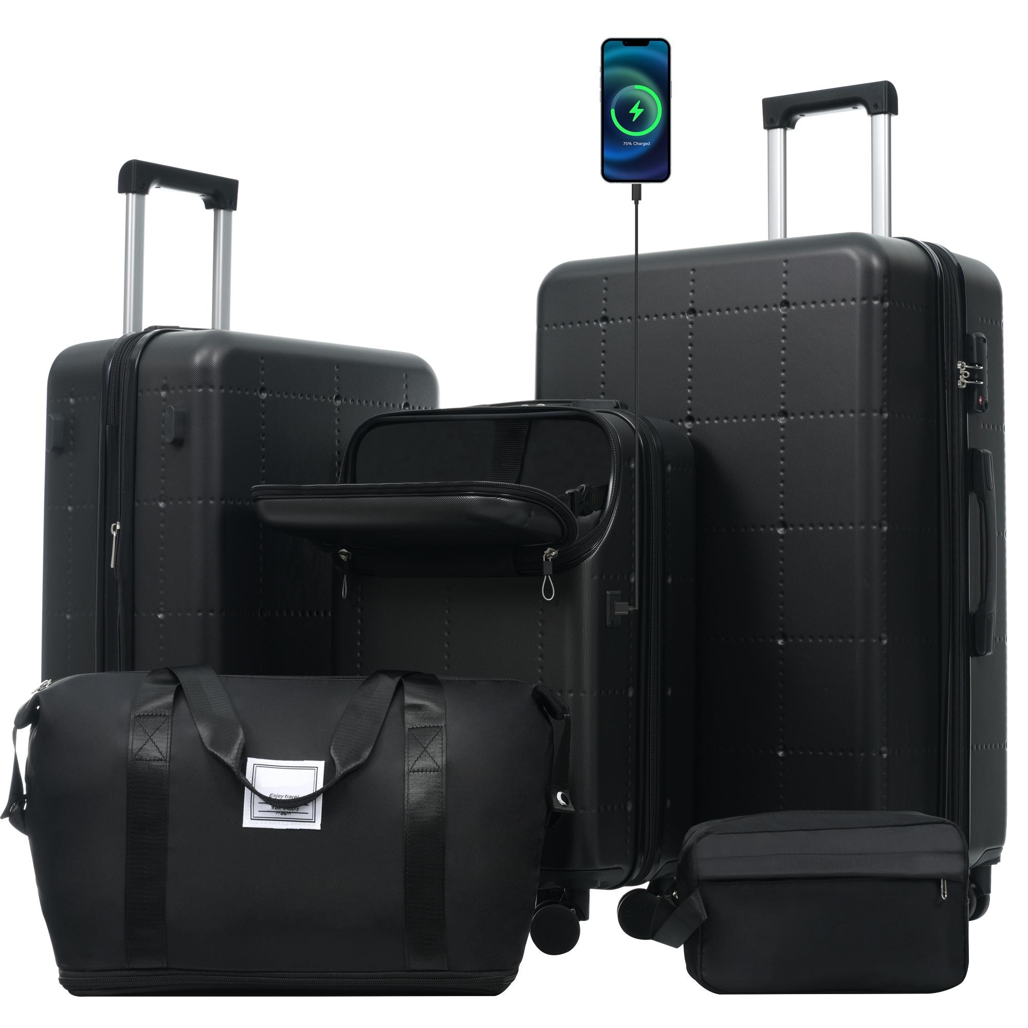 Hardside Luggage Set 5 Piece with Bags, 20IN Half-opening Carry on Luggage with USB Port, 24IN 28IN Luggage with Double Wheels