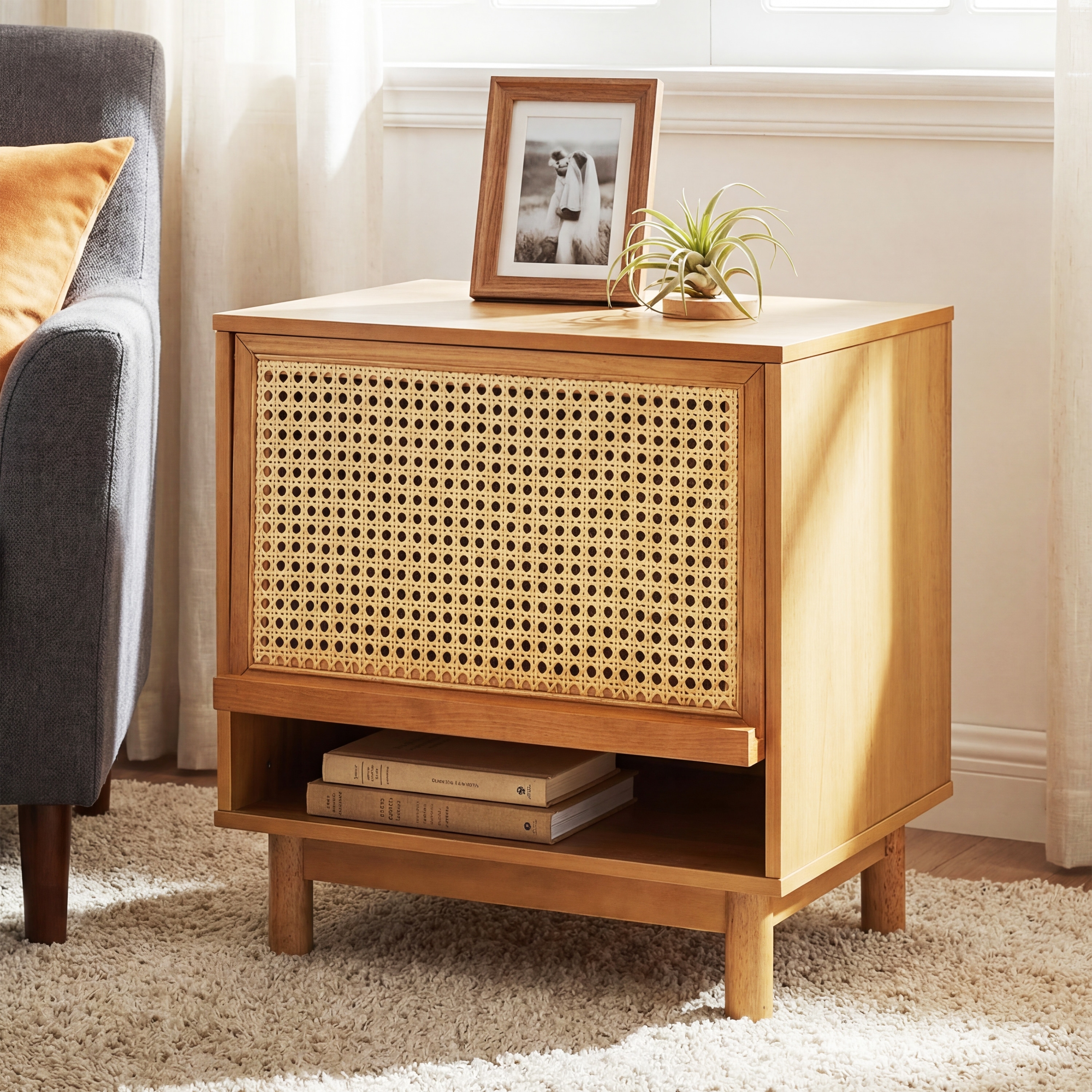 Christopher Knight Home - Farmhouse Wooden Nightstand with Swing-Up Rattan Door Storage Cabinet