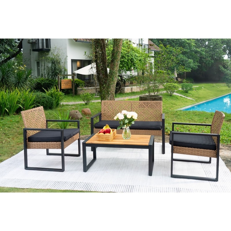 4-Piece Patio Furniture Set Outdoor Balcony Porch Garden Backyard Lawn Furniture Acacia Wood Table Top