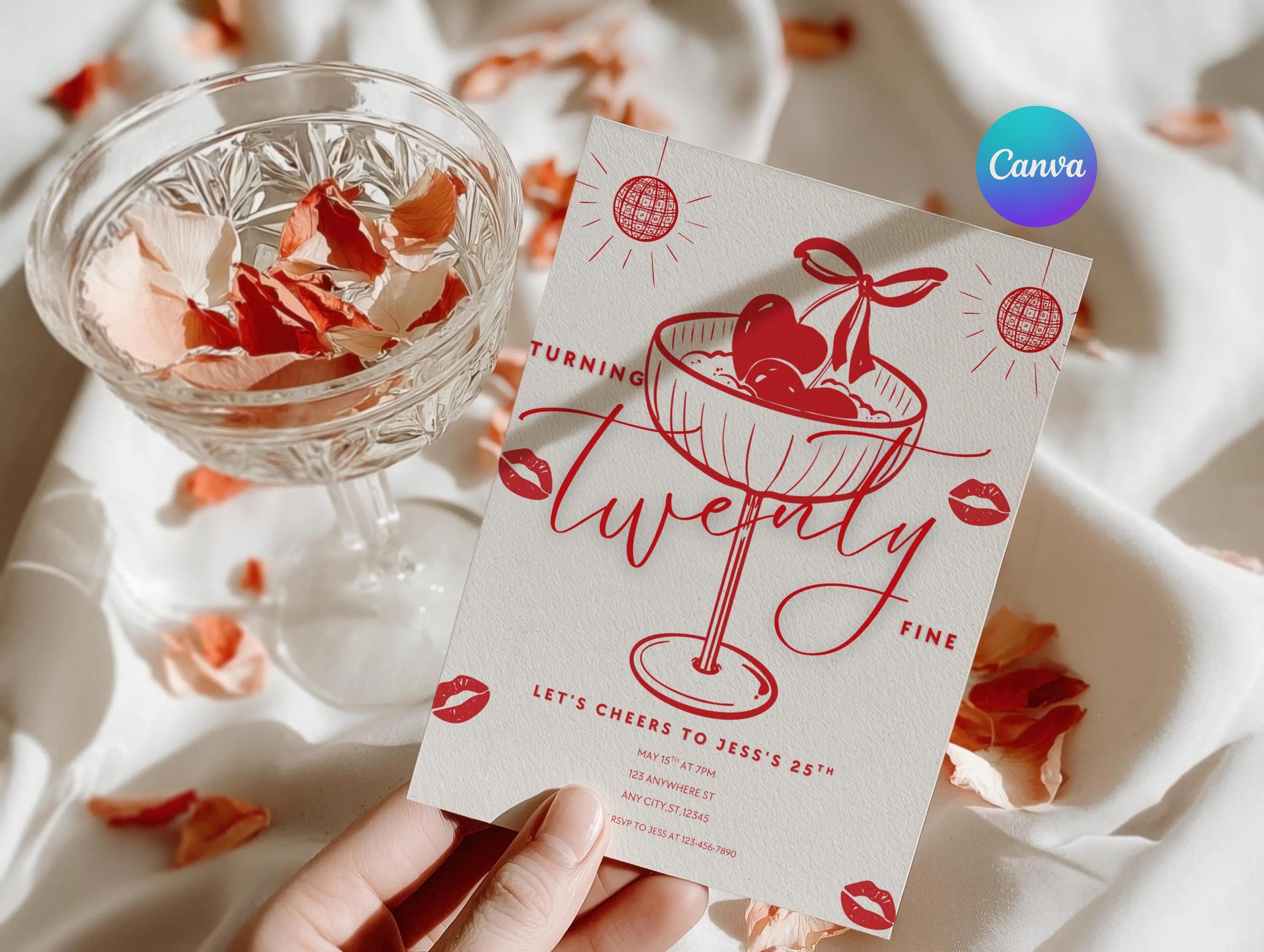 "Tema per invito di compleanno \"Twenty Fine\" per Canva, modello digitale modificabile, invito di compleanno retrò per il 25o compleanno, invito di comp"