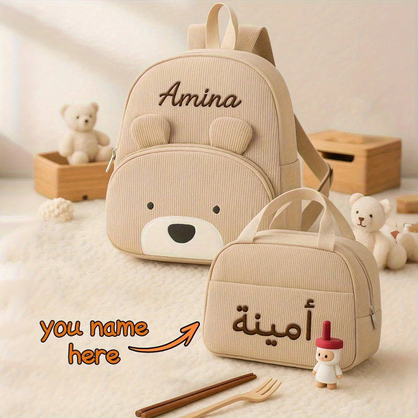 Sacs à dos et sacs à lunch personnalisés avec nom, texte brodé, adorable sac d'école en forme d'ours, portable pour garçons et filles, idéal pour l'école et les activités de plein air