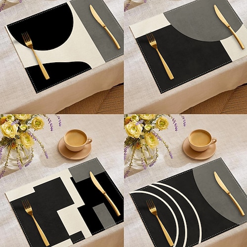 Schwarz-weißes geometrisches Tischset, rechteckiges Tischset aus 100 % Polyestergewebe, abstraktes geometrisches Muster, maschinenwaschbar, hitzebeständig Image