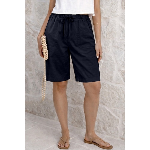Damen Bermudashorts Shorts aus Baumwollleinen Shorts Sommershorts Urlaub Mode Alltagstauglich Knielang Mittlere Taille Einfarbig Einfach Kordelzug Tasche Elastischer Bund Komfort Leicht Weich Image