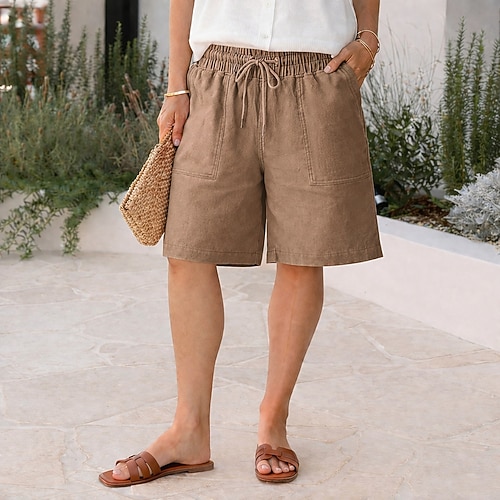 Damen Bermudashorts Shorts aus Baumwollleinen Shorts Sommershorts Urlaub Mode Alltagstauglich Knielang Hohe Taille Einfarbig Einfach Kordelzug Tasche Elastischer Bund Komfort Weich Atmungsaktiv Image