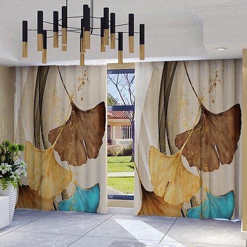 2-teiliges Set geometrischer Blättergardinen aus Polyester mit Stangendurchzug, modernes botanisches Muster, maschinenwaschbar, geeignet für Wohnzimmer, Schlafzimmer, Küche, Arbeitszimmer, Image