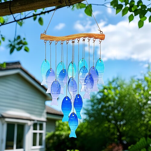 Handgefertigtes Windspiel aus blauem Glas in Fischform – große Hängedekoration für drinnen und draußen, mit leuchtenden, kugelförmigen Fischen, kein Stromanschluss erforderlich, geeignet für Gärten,