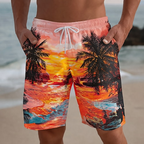 Herren Kokospalme Sonnenuntergang Meereswellen Badehosen Badeanzüge Badeshorts Boardshorts Mittlere Taille Hawaiianisch Strandurlaub Seitentaschen Netzfutter Elastischer Kordelzug in der Taille Image