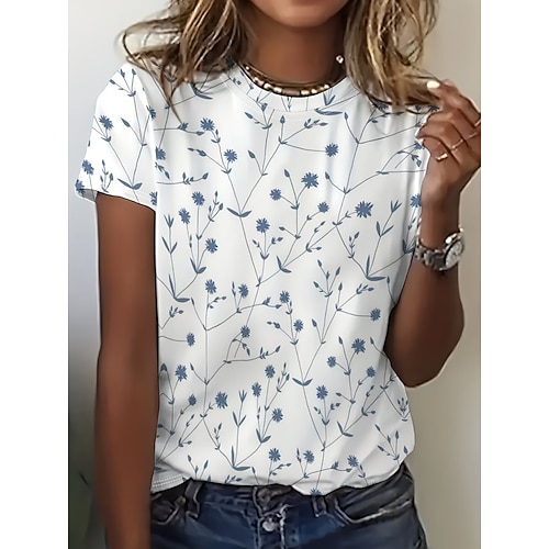 Damen T Shirt Druck Blumen Grafik Pflanzen Bohemien Hawaiianisch Stilvoll Kurzarm Rundhalsausschnitt Normale Oberteile Lässig Täglich Blau Weiß Violett Rot / Blau Beige Sommer Frühling Image