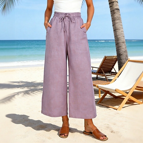 Damen Weite Hosenbeine Weites Bein Chinos Urlaub Streetwear Basic Knöchellang Hohe Taille Einfarbig Tasche Elastischer Bund Bequem Komfort Unelastisch Täglich Outdoor Urlaub Blau Weiß Purpur Khaki Image