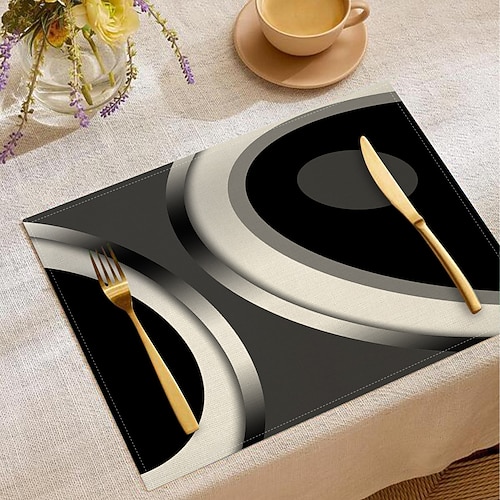 Retro-Tischläufer in Schwarz-Weiß mit geometrischem Muster, rechteckige Tischdekoration aus 100 % gewebtem Polyester, minimalistisches abstraktes Musterdesign, maschinenwaschbar, hitzebeständig Image