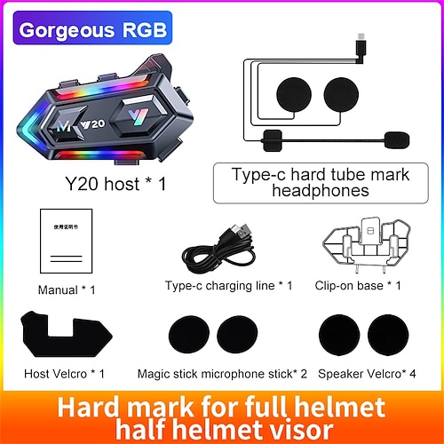 Bluetooth-Headset für Motorradhelme des Typs Y20 mit RGB-Beleuchtung, drahtlosem Kommunikationssystem mit abnehmbarem, geteiltem Installationsdesign und geräuschunterdrückenden Helmlautsprechern für Image