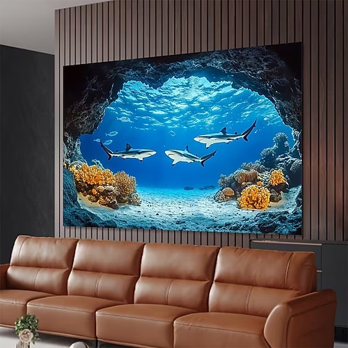 Hai, Weißer Hai, Unterwasserwelt, 3D-Höhlenansicht, Korallenriff, blauer Ozean, Sonnenlicht – Wandteppich, Wandbehang, Hintergrund für Jungenzimmer, Schlafzimmer, Kinderzimmer, Spielzimmer, Image