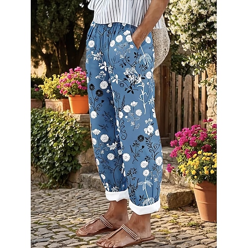 Damen Kunstbaumwollleinen Weites Bein Freizeithose Hosen Hose Urlaub Mode Streetwear Knöchellang Mittlere Taille Blumen Grafik Tasche Elastischer Bund Druck Bequem Komfort Atmungsaktivität Unelastisch Image
