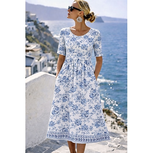 Damen Midikleid Shiftkleid Urlaub Vintage Lässig Normale Passform Blumen Grafik Böhmische Kurzarm Rundhalsausschnitt Blau Gelb Rosa Sommer Frühling Image