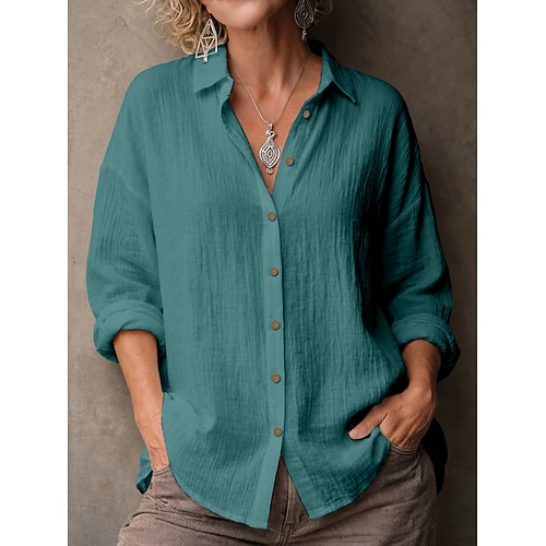 Damen Hemd Bluse Hemd aus Leinenimitat Einfarbig Basic Lässig Langarm Revers Normale Oberteile Lässig Täglich Blau Schwarz Weiß Gelb Rosa Sommer Frühling Image