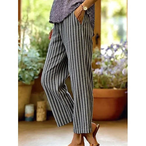 Damen Kunstbaumwollleinen Weites Bein Freizeithose Hosen Hose Urlaub Mode Streetwear Knöchellang Mittlere Taille Grafik Gestreift Tasche Elastischer Bund Druck Bequem Komfort Atmungsaktivität Image