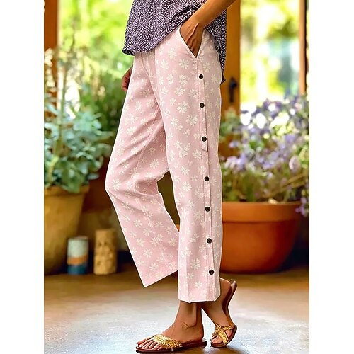 Damen Kunstbaumwollleinen Hose Freizeithose Sommerhose Urlaub Mode Basic Volle Länge Mittlere Taille Blumen Grafik Seitentaschen Druck Komfort Bequem Unelastisch Täglich Ferien Alltagstauglich Blau Image