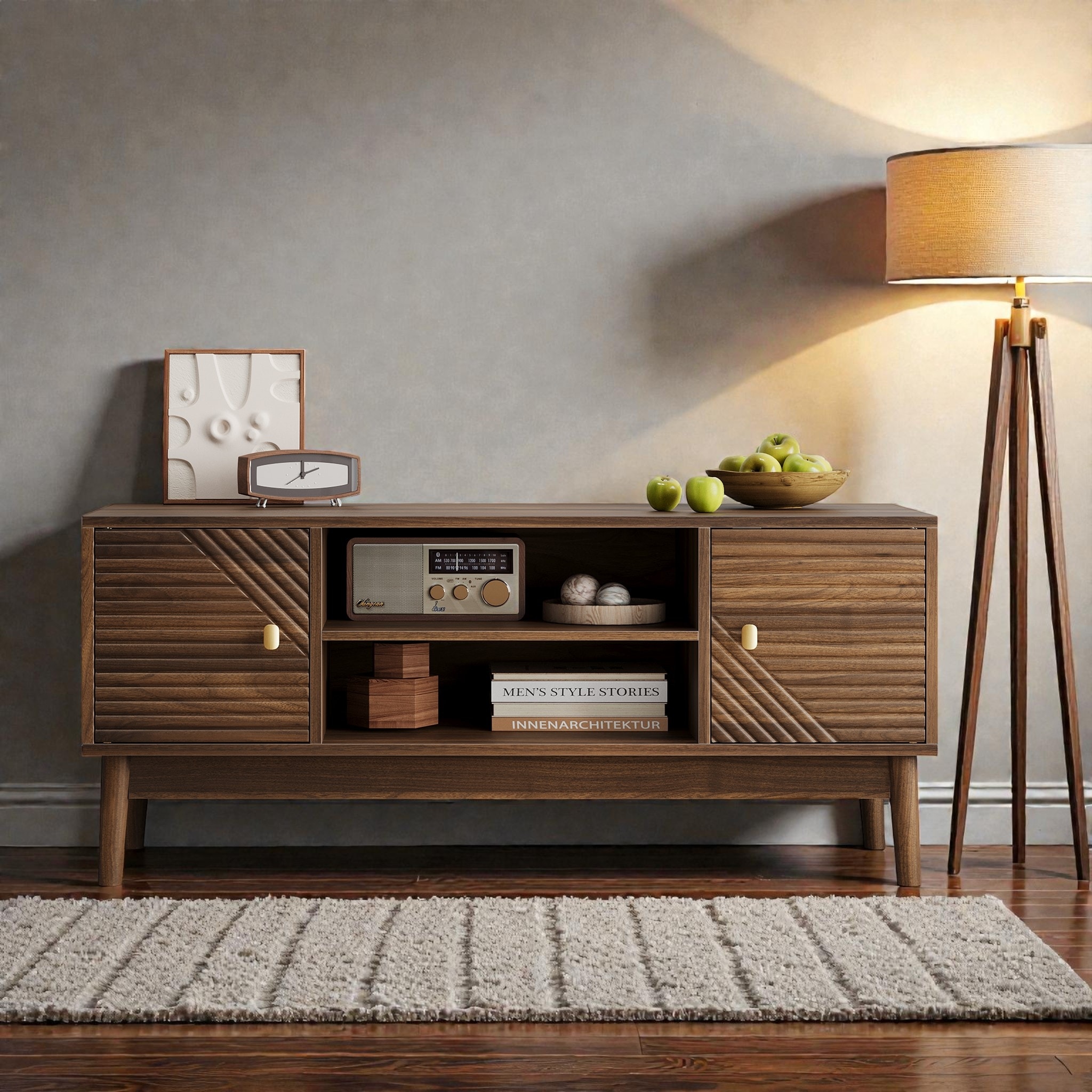 43.31 Inch Mid-Century Modern TV Stand for 32 to 45 Inch TV, Media Console with Storage Cabinets for Living Room