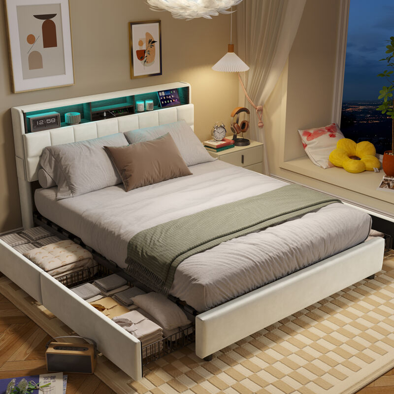Cjhxe Letto Imbottito 140 X 200 Cm, Letto Contenitore Con 4 Cassetti, Letto Matrimoniale Con Illuminazione A Led, Testiera Con Porta Usb E Type-c, Rete A Doghe