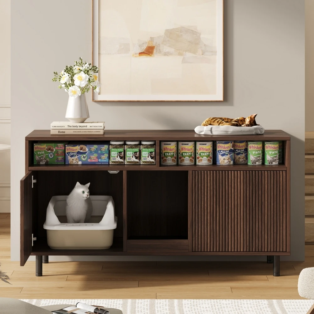 Meuble de rangement pour chat avec tapis anti-sable, meuble de rangement pour animaux de compagnie, buffet, meuble TV, couleur noyer, 120x50x66cm, sans bac à litière