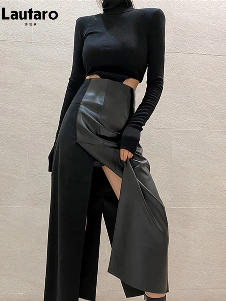 Lautaro Frühling Herbst Lange Sexy Patchwork Pu Leder Midi Rock Frauen mit Schlitz Hohe Taille 2024 Luxus Designer Kleidung Mode