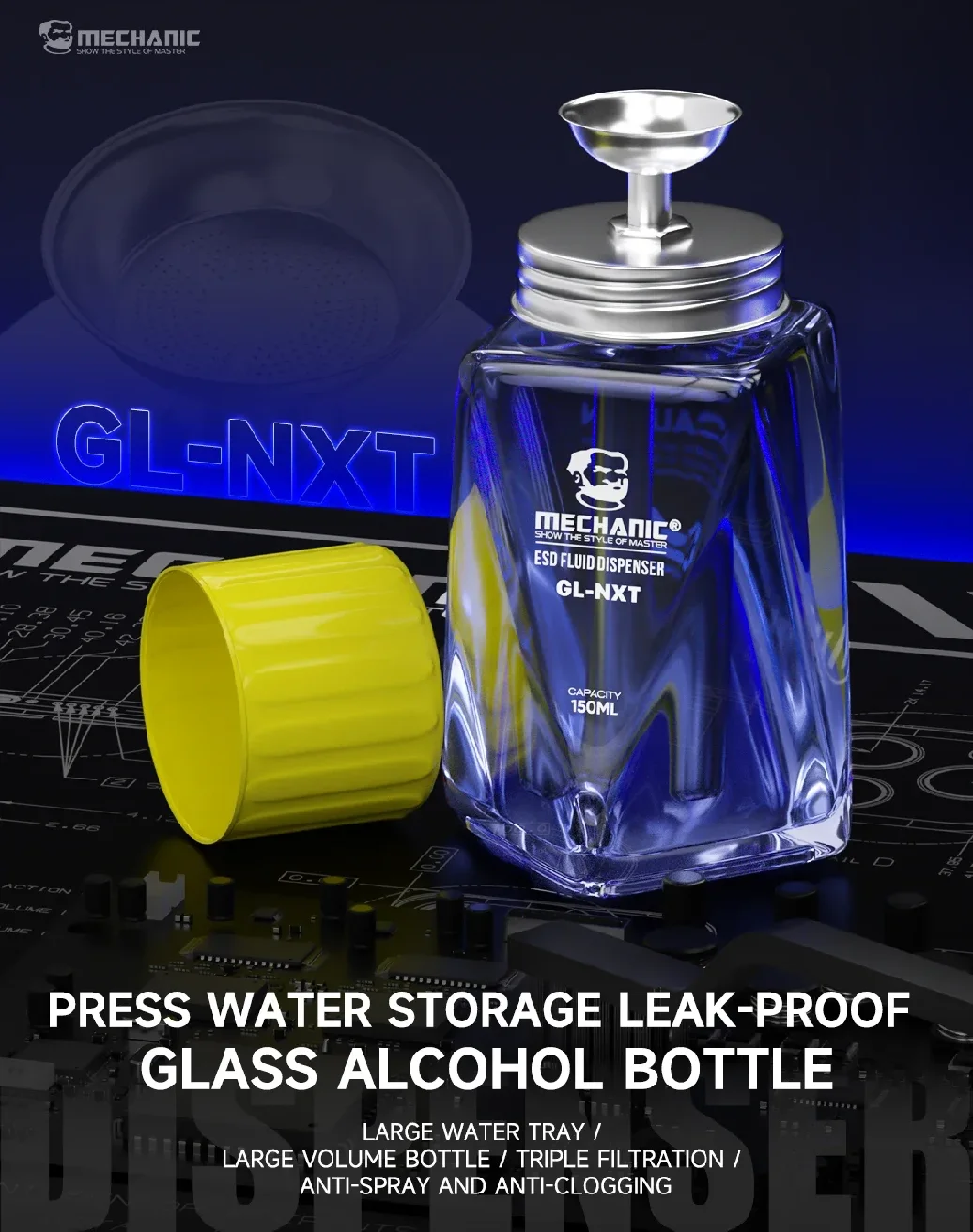 MECHANIC GL-NXT 150ML Druckverschluss-Alkoholflasche aus Glas, Auslaufsicher, Große Wassertrinke, Mikroporöse Filtration, Flüssigkeitsspender Image