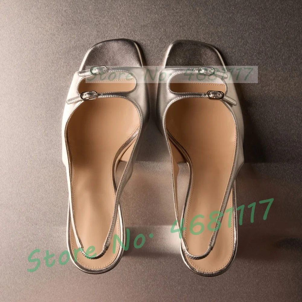 Silber Doppel Schnalle Zurück Strap Sandalen Frauen Luxus Karree Party Metallic Schuhe Elegante Abend Hohe Block Heels Sandalen