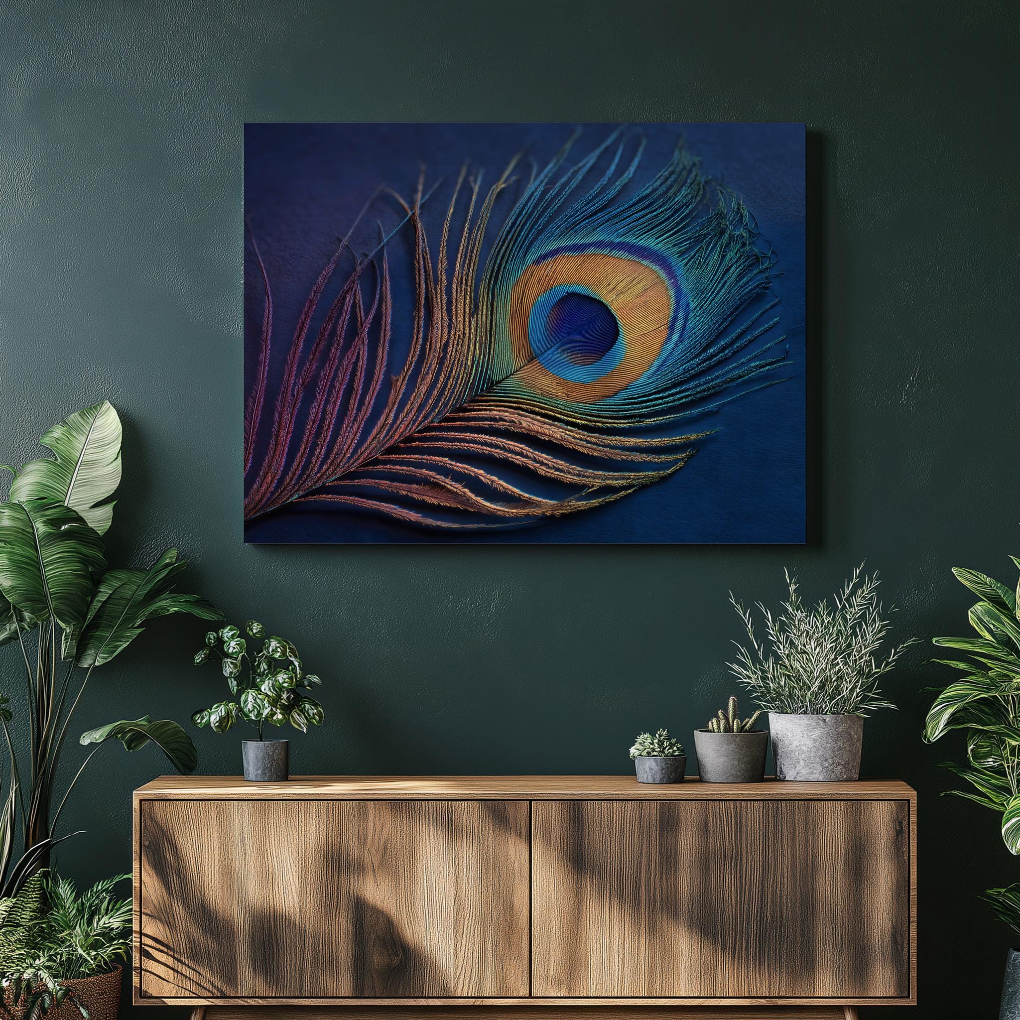 Quadro su tela con piuma di pavone - Quadro su tela con piuma di pavone, decorazione murale con piuma, stampa artistica da parete, decorazione blu e v