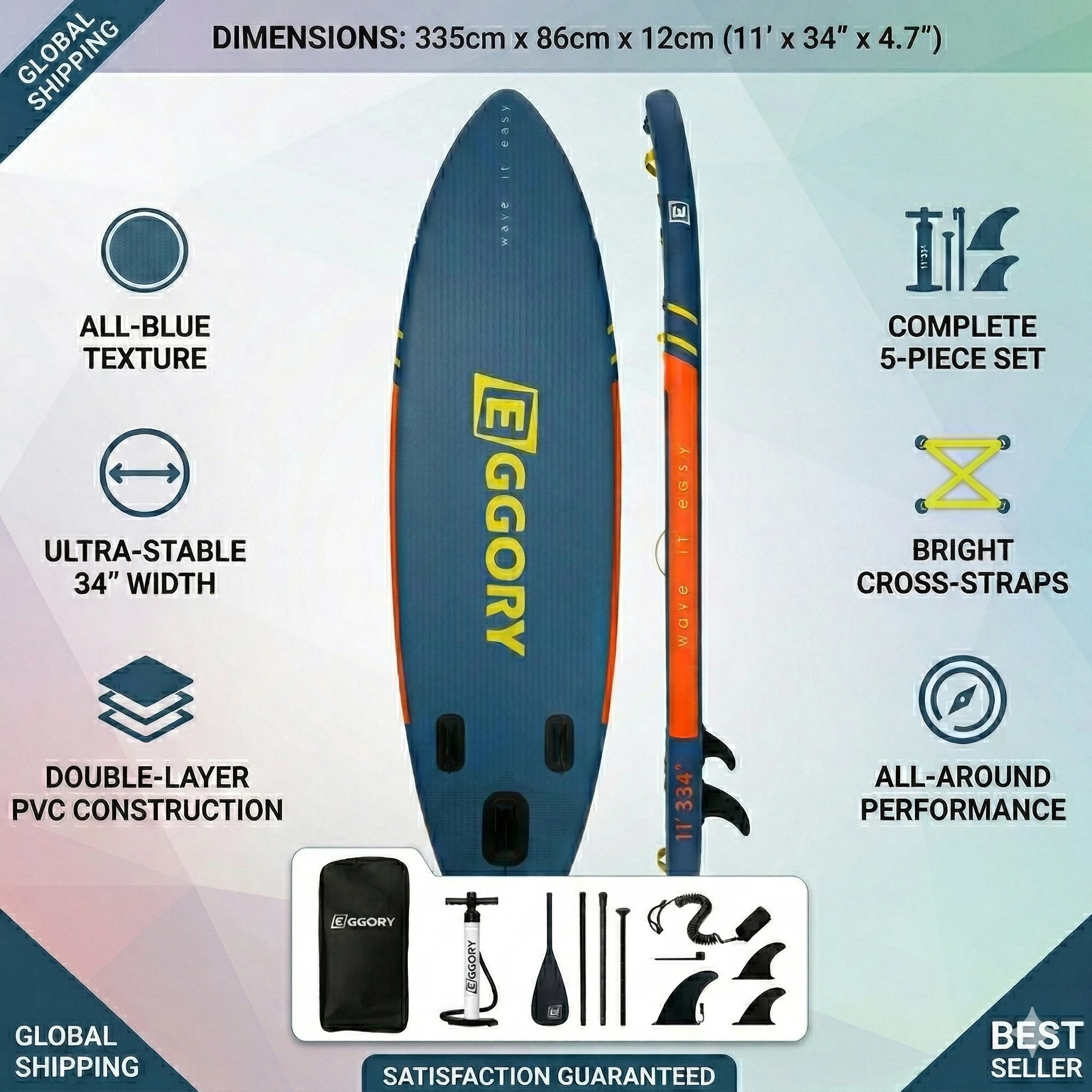 EGGORY 11FT 34 Zoll extra breites aufblasbares Stand-Up-Paddleboard, doppellagiges PVC ISUP, komplettes 5-teiliges Set, Allround-Surf-SUP-Board Image