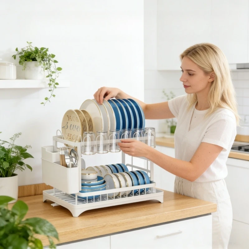 Weißes Geschirrgestell Küchen-Aufbewahrungsorganizer für Schüsseln & Teller Snap-on-Design Bohrfreie Installation Trendiges Küchenzubehör Image