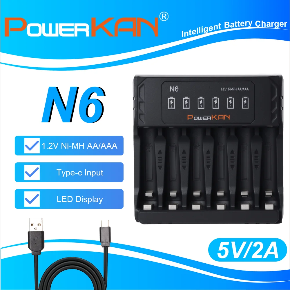 POWERKAN N6 6-Fach Batterieladegerät für 1.2V Ni-MH AA AAA Akkus USB-C 5V 2A mit LED-Anzeige Image