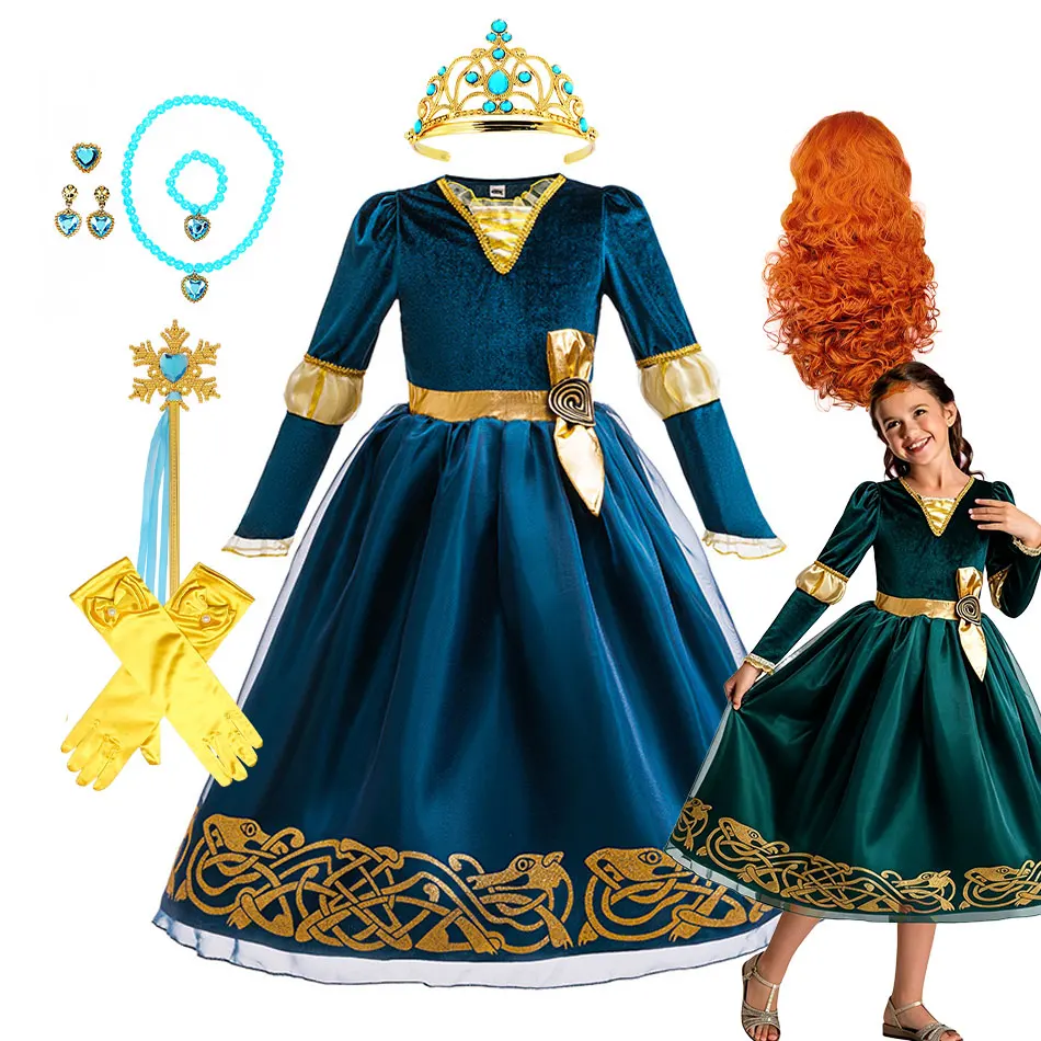 Kinder Merida Cosplay Prinzessinnenkleid Mädchen Türkis Klassisch Elegante Samtkleidung Kinder Rollenspiel Halloween Geburtstag Karneval Party