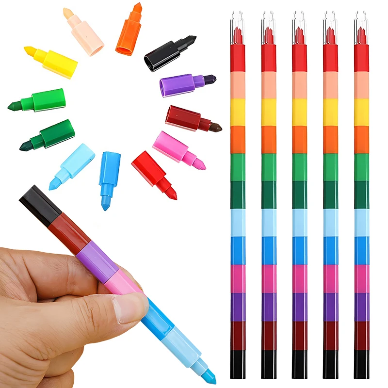 12-farbige Baustein-Buntstifte, lustige Regenbogenfarben, stapelbare Zeichenstifte, Graffiti-Stift, Kunstbedarf, Geburtstagsgeschenk, Junge, Mädchen Image