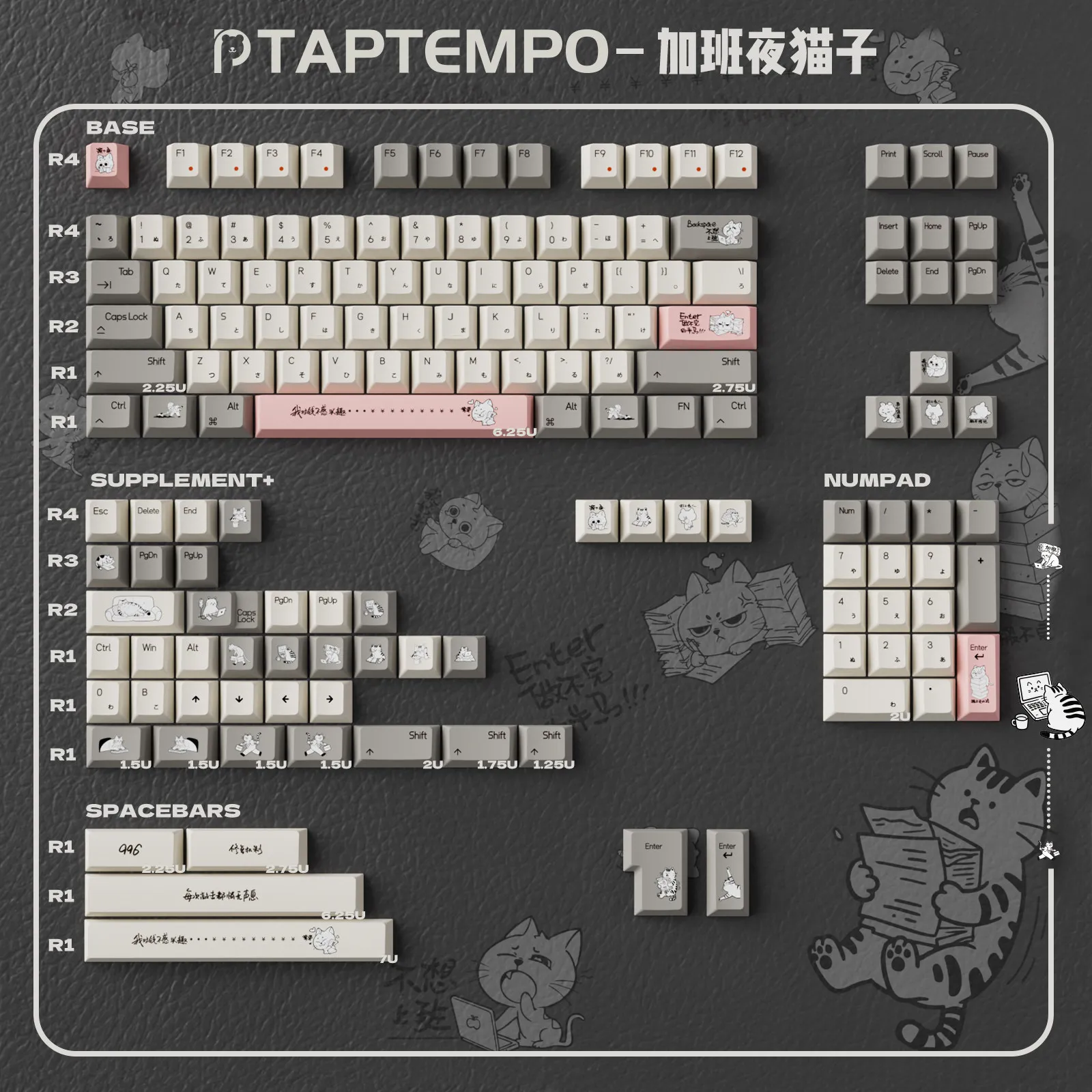 Taptempo Niedliche Katzen-Tastenkappen Dye-Sub Cherry Profile PBT-Tastenkappen Japanische Retro-Tastenkappen mit kleiner Schrift für mechanische MX-Tastaturen Image