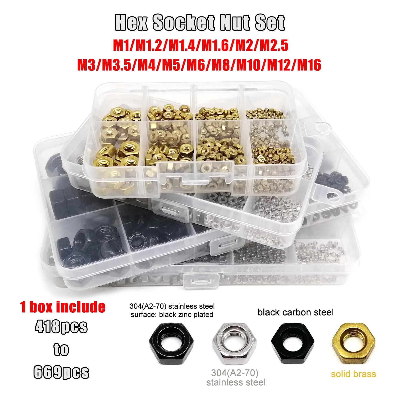 1 Set Mix M1 M1.2 M1.4 M1.6 M2 M2.5 M3 M4 M5 M6 M8 a M16 DIN934 Kit dadi esagonali esagonali Scatola Nero Acciaio inossidabile 304 Ottone Acciaio