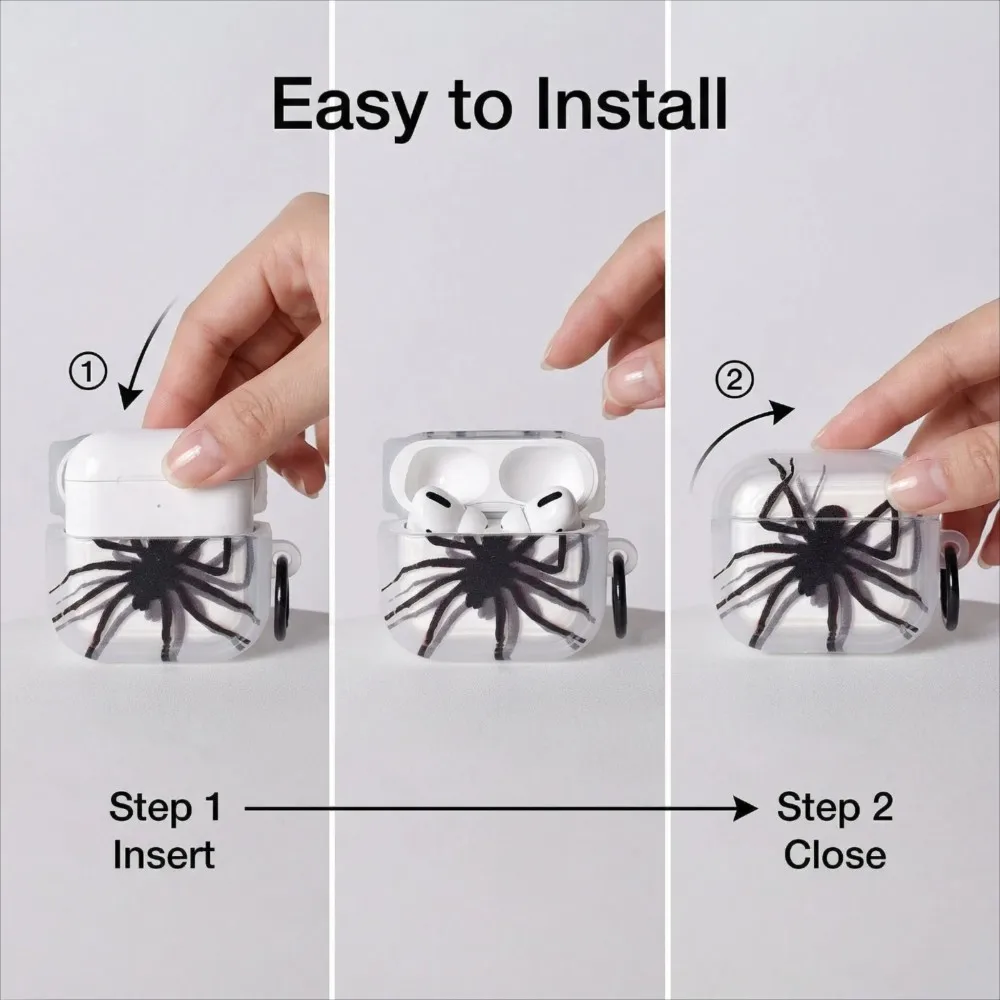 Weiche Silikon-Schutzhülle mit schwarzem Spinnenmuster für AirPods Pro/Pro2, TPU transparent mit Schlüsselanhänger für AirPods 3/4 Image