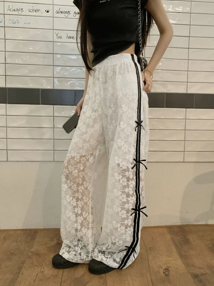 HOUZHOU Koreanischen Stil Baggy Spitze Hosen Frauen Sexy Durchsichtig Hosen Coquette Ästhetischen Bogen Breite Bein Hosen Casual Süße Fee Image
