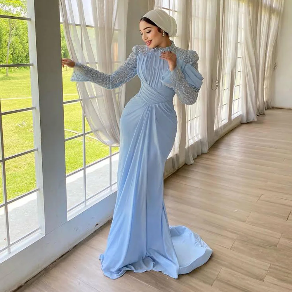 Maßgeschneidertes Babyblau Hijab Abendkleid 2026 Perlen-Pailletten Muslimisches Verlobungskleid Gerafftes Chiffon Islamisches Festkleid Image
