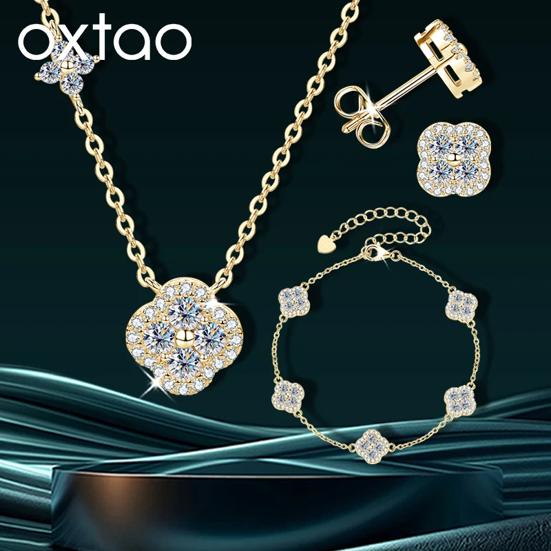 OXTAO Luxus Kleeblatt Halskette Armband Ohrringe Set Damen D-Farbe Zertifizierter Moissanit Vierblättriges Blumen-Schmuckset 14K Goldfilled Image